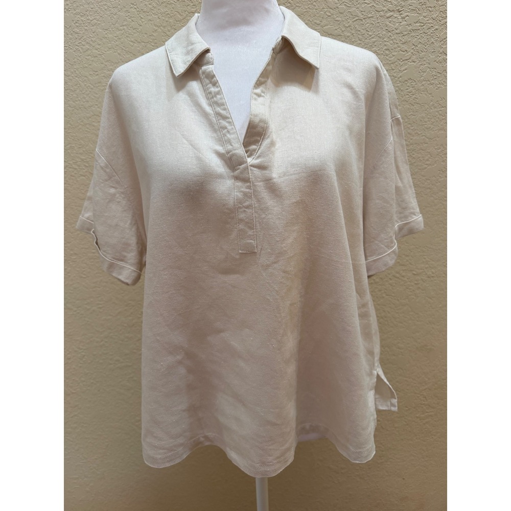 Nine West Jeans Womens Large Linen Blend Split Neck Short Sleeve Tunic Top Beige